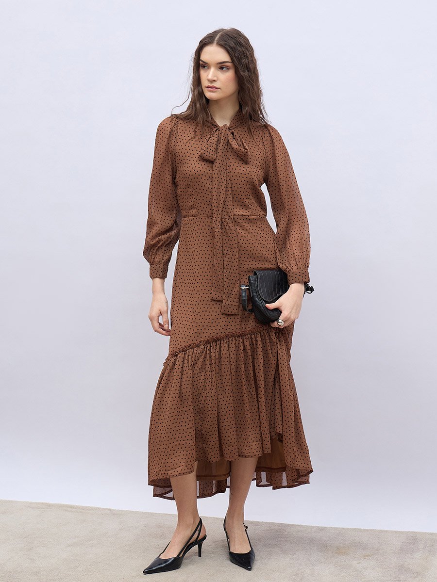 Polka Dots Print Ruffled Hem Maxi Dress