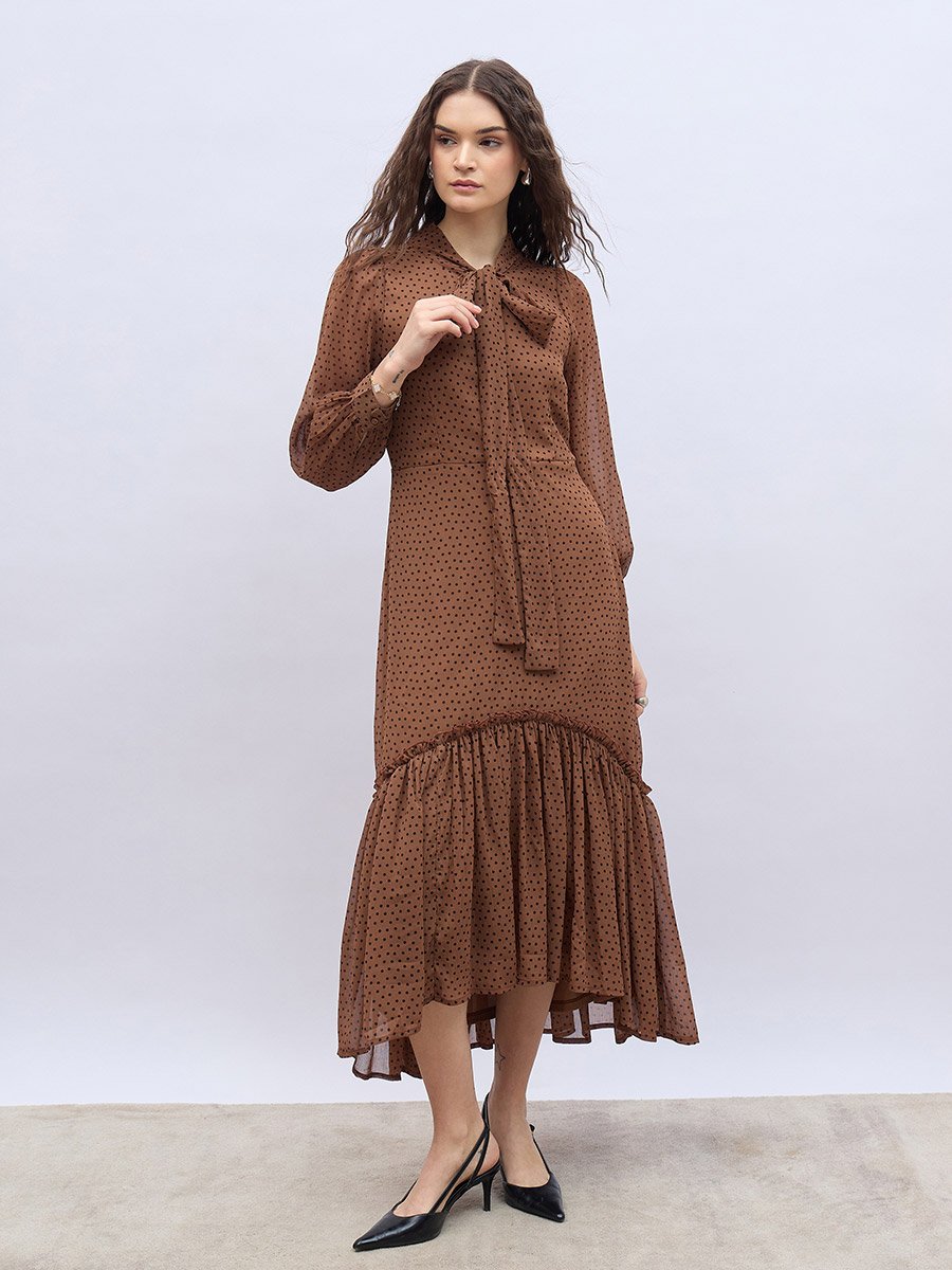Polka Dots Print Ruffled Hem Maxi Dress