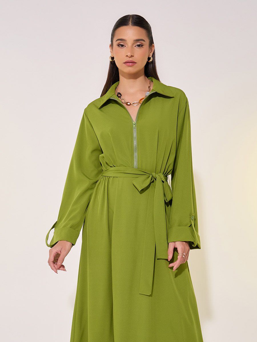 Solid Front Half Zipper Maxi Dress with Waist Tie Detail For Women at  Bahrain | Styli