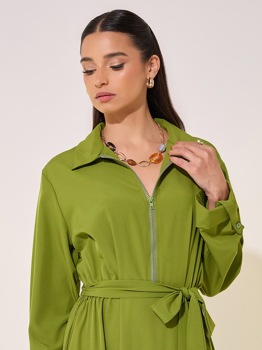 Solid Front Half Zipper Maxi Dress with Waist Tie Detail For Women at  Bahrain | Styli