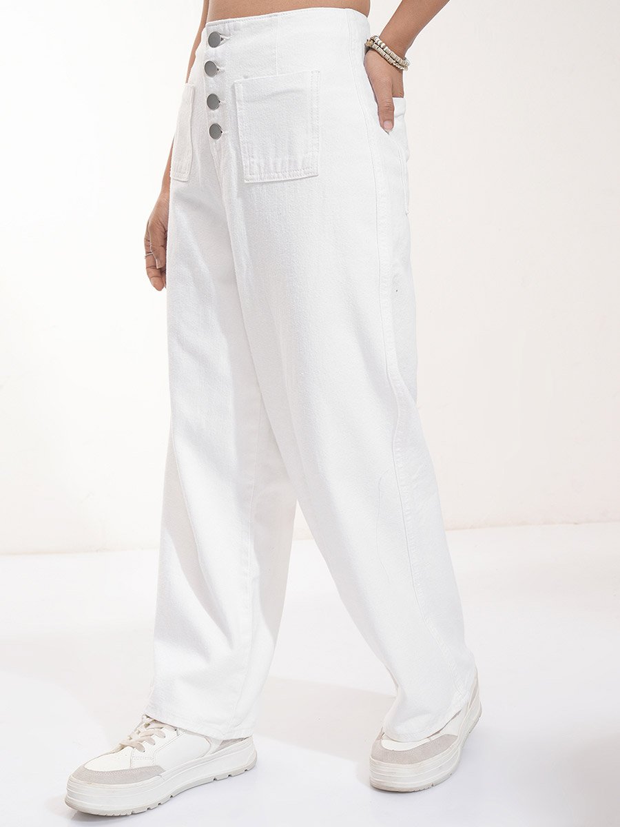 Mid Rise Straight Fit Jeans with Buttons Detail