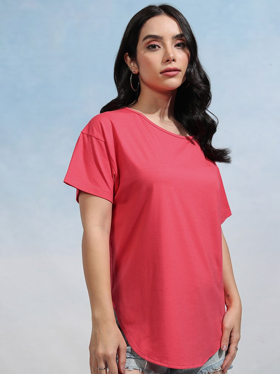 Solid Round Neck Curved Hem T-Shirt