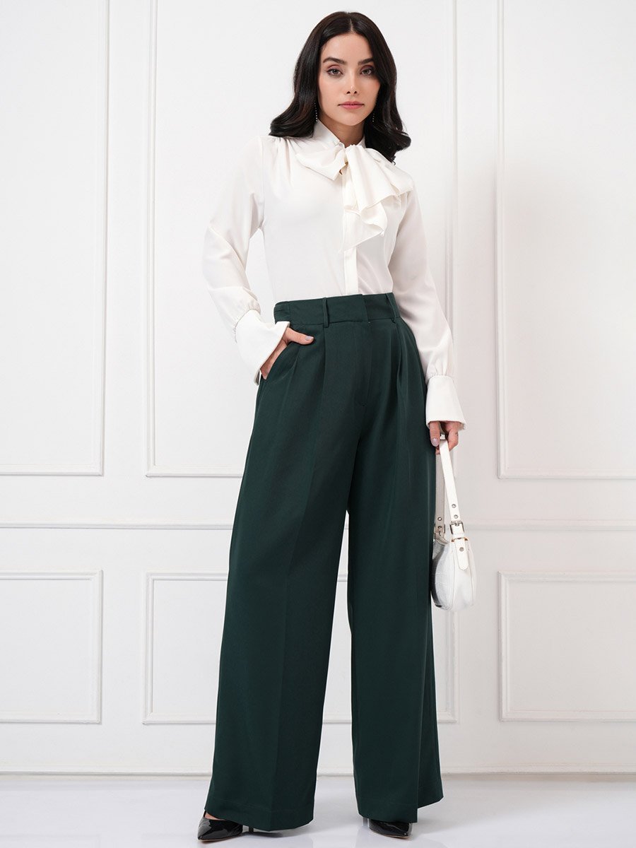 Mid Rise Wide Leg Pleated Trousers