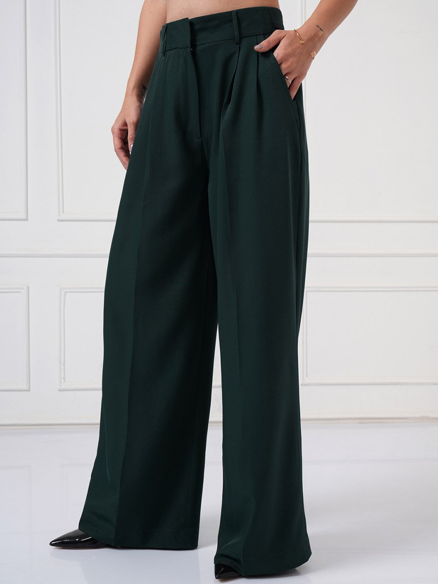 Mid Rise Wide Leg Pleated Trousers