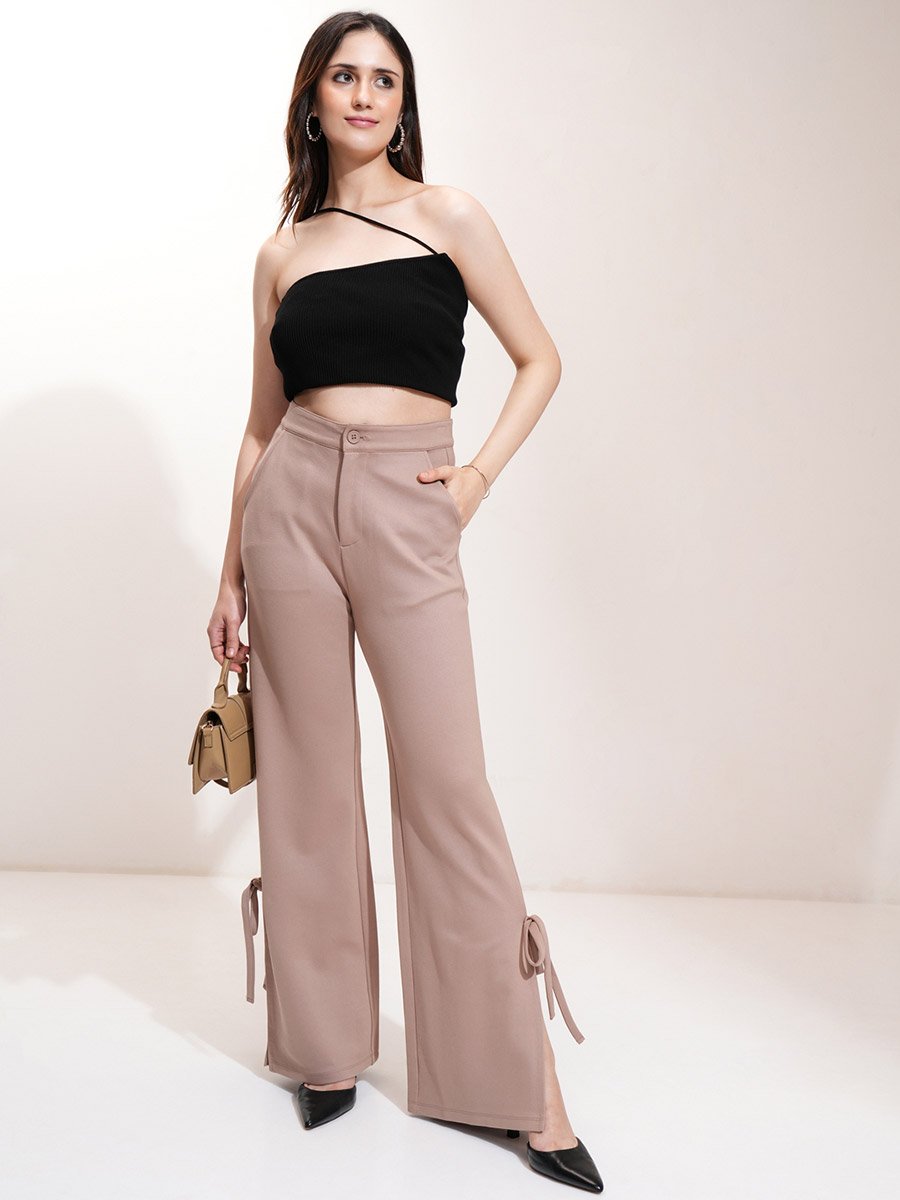 Mid Rise Flared Trousers with Bow Tie Detail