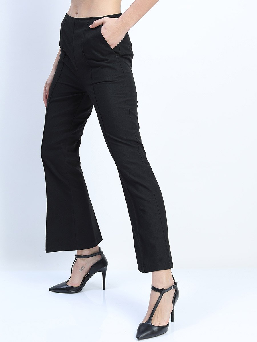 Solid Mid Rise Flared Trousers