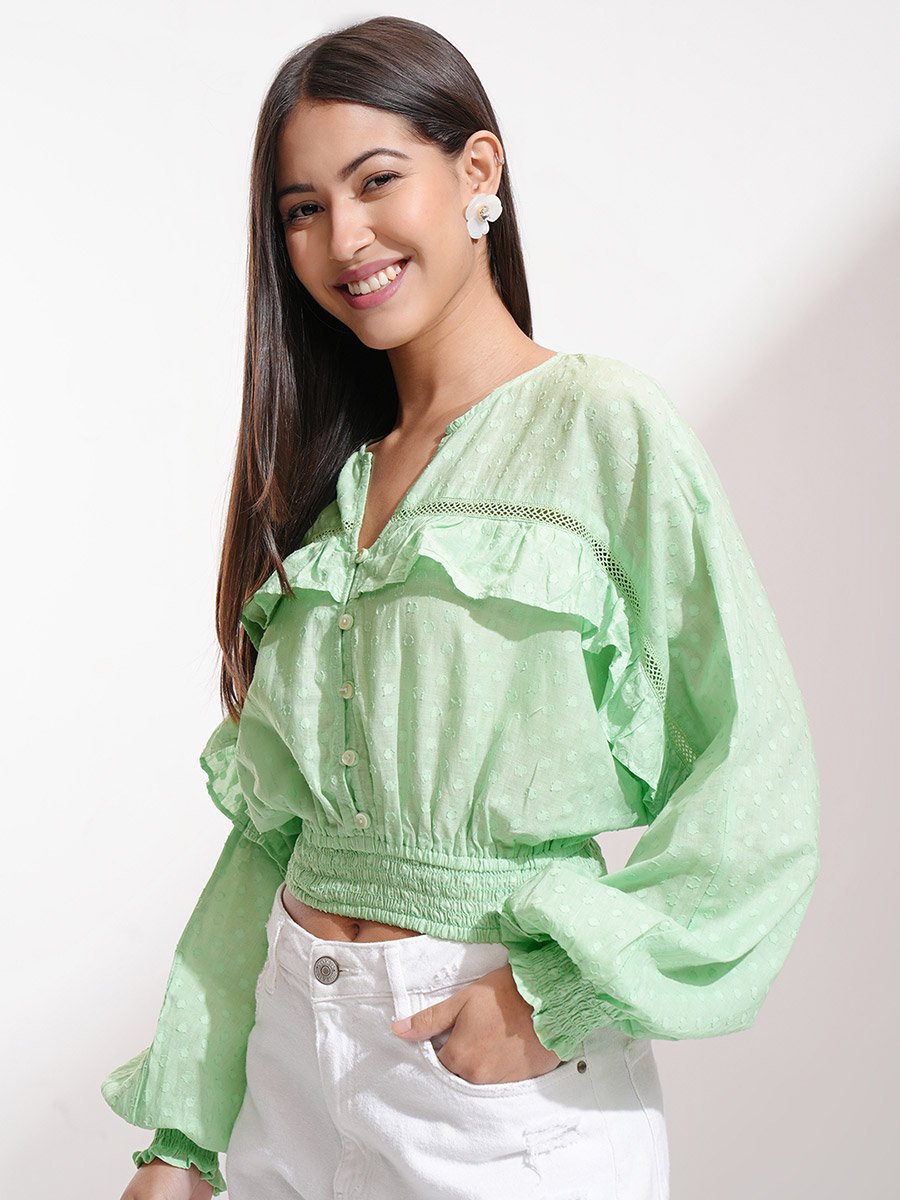 Dobby Batwing Sleeve Ruffle Detail Crop Top