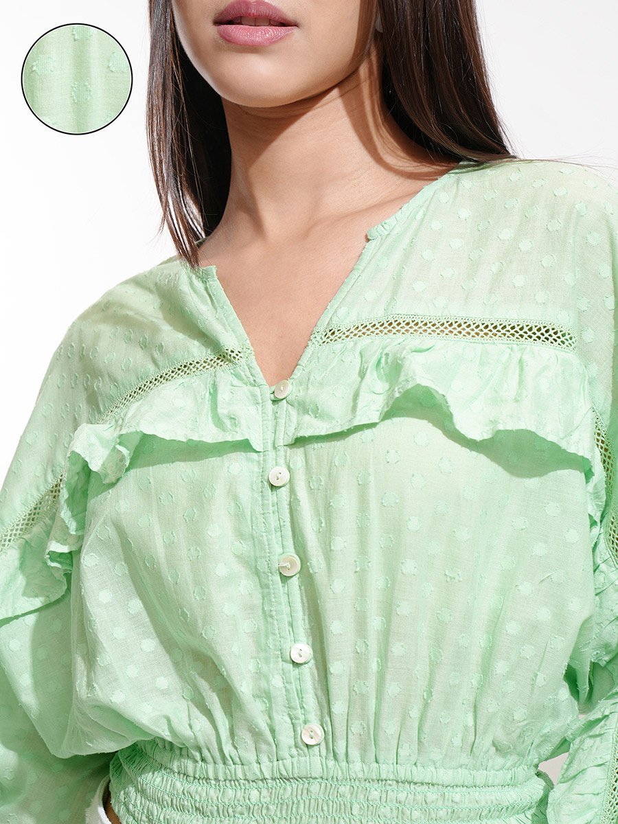 Dobby Batwing Sleeve Ruffle Detail Crop Top