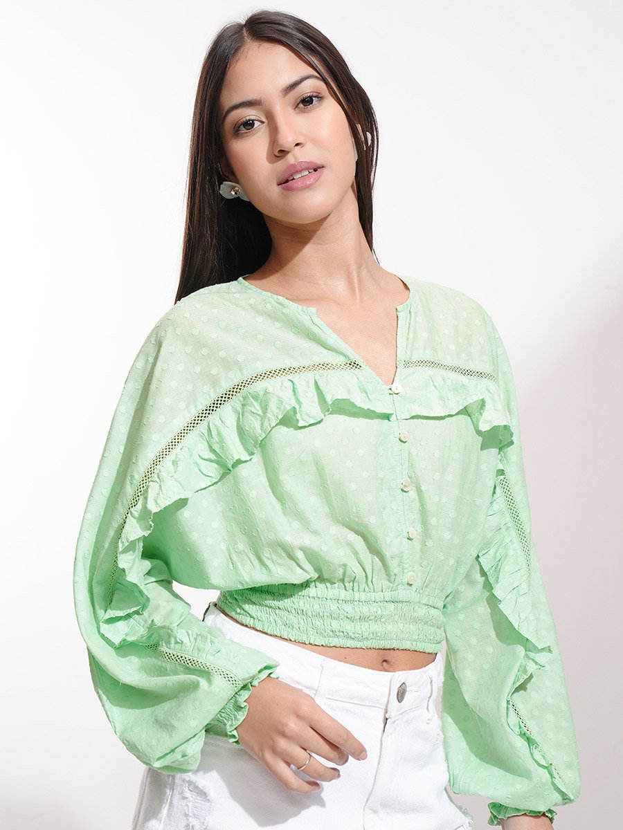 Dobby Batwing Sleeve Ruffle Detail Crop Top