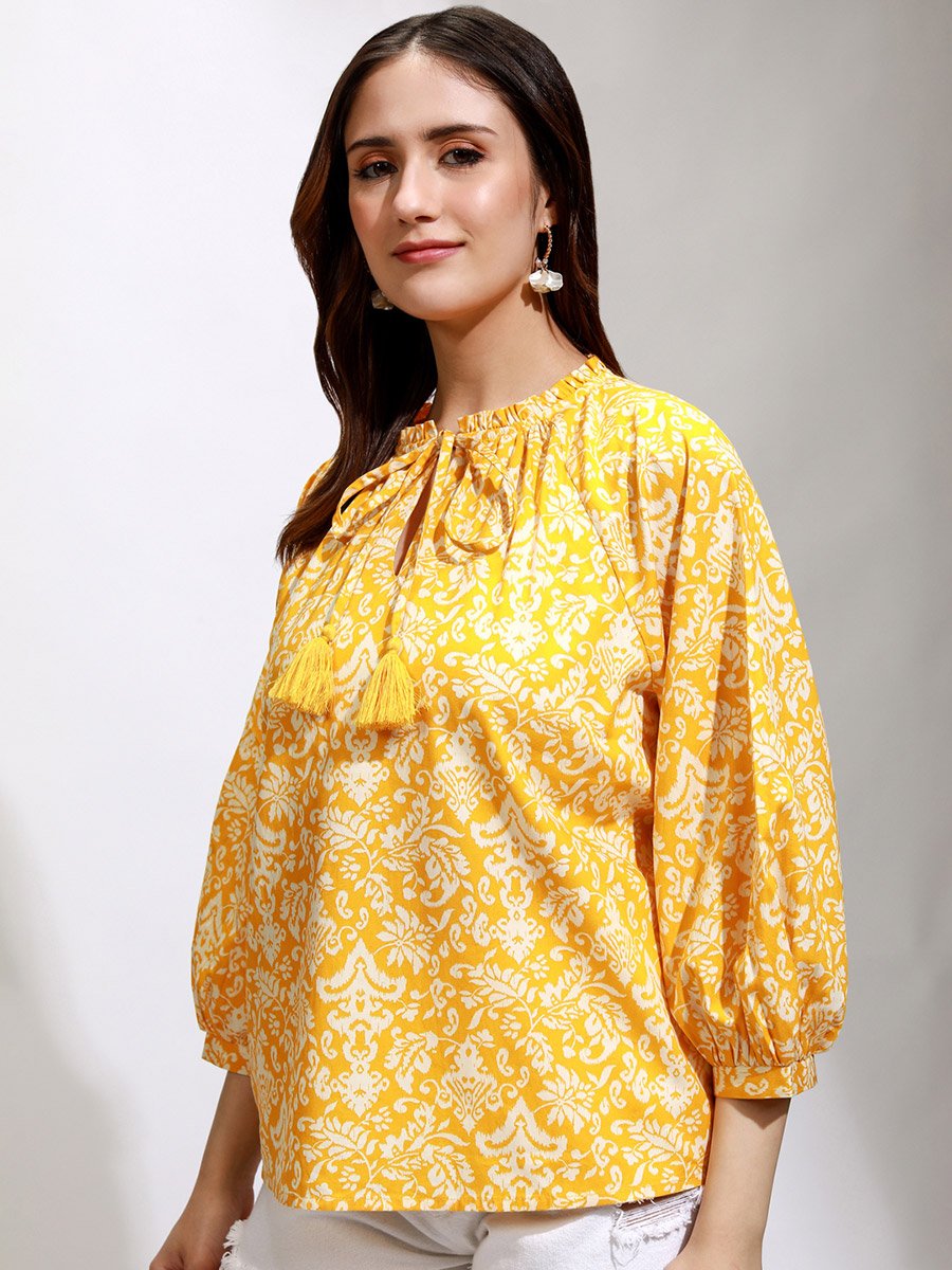 All-Over Print Balloon Sleeve Top with Tie-Up Neck