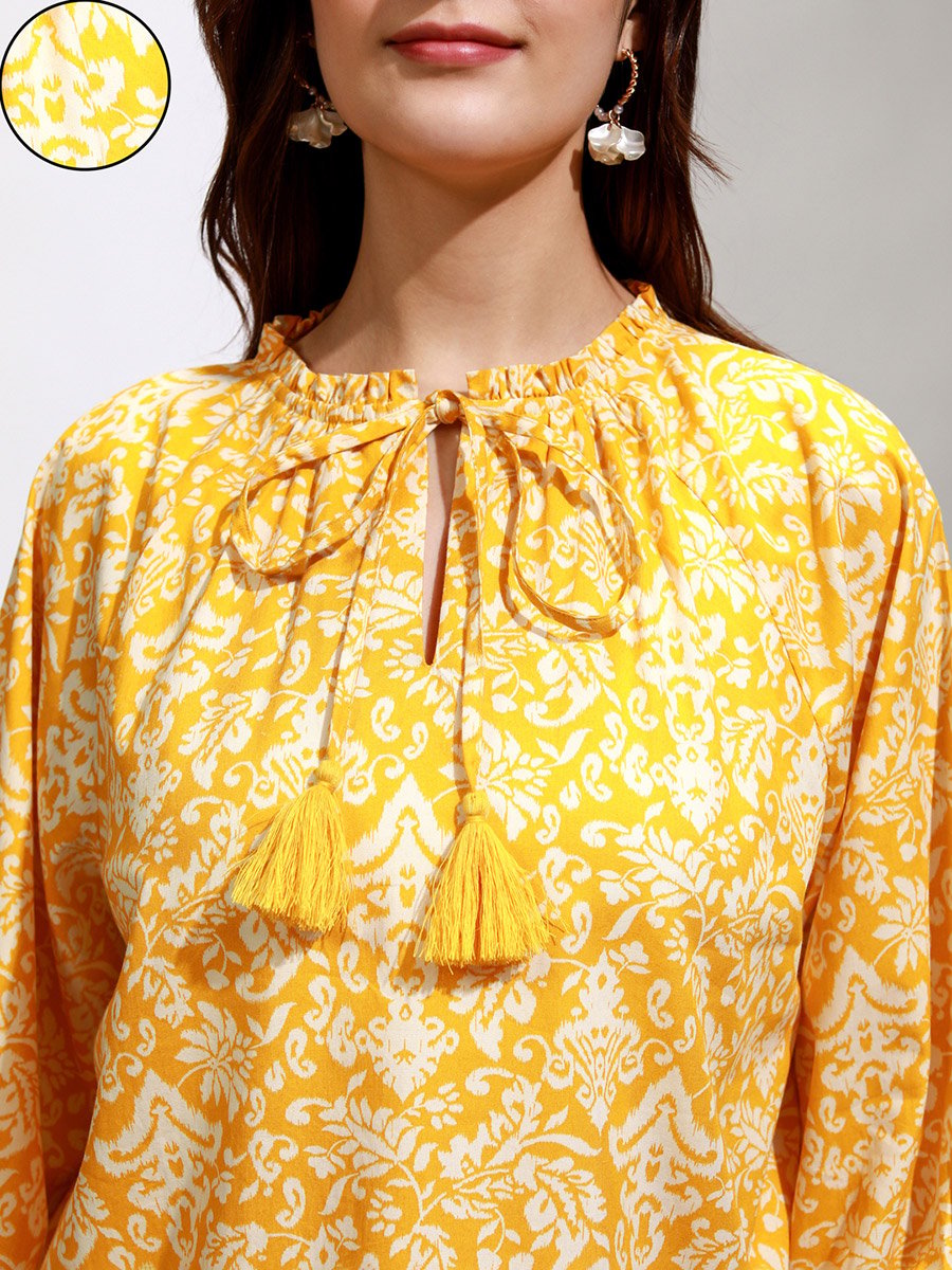 All-Over Print Balloon Sleeve Top with Tie-Up Neck