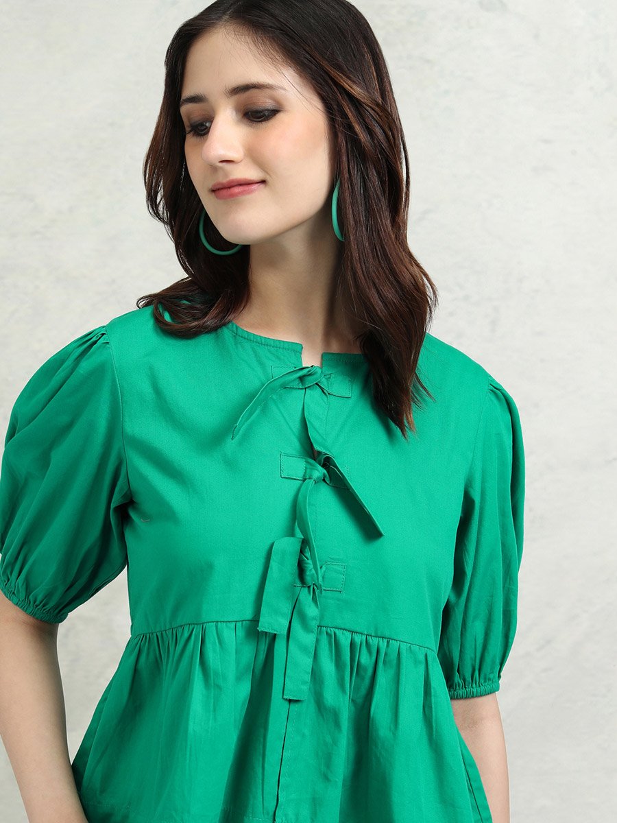 Solid Puff Sleeve Top with Tie-Up Detail