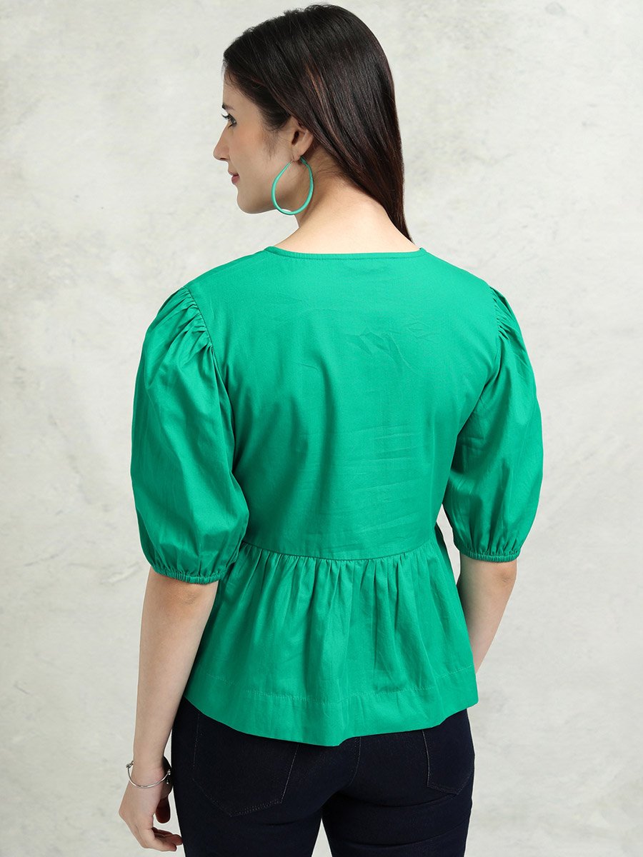 Solid Puff Sleeve Top with Tie-Up Detail