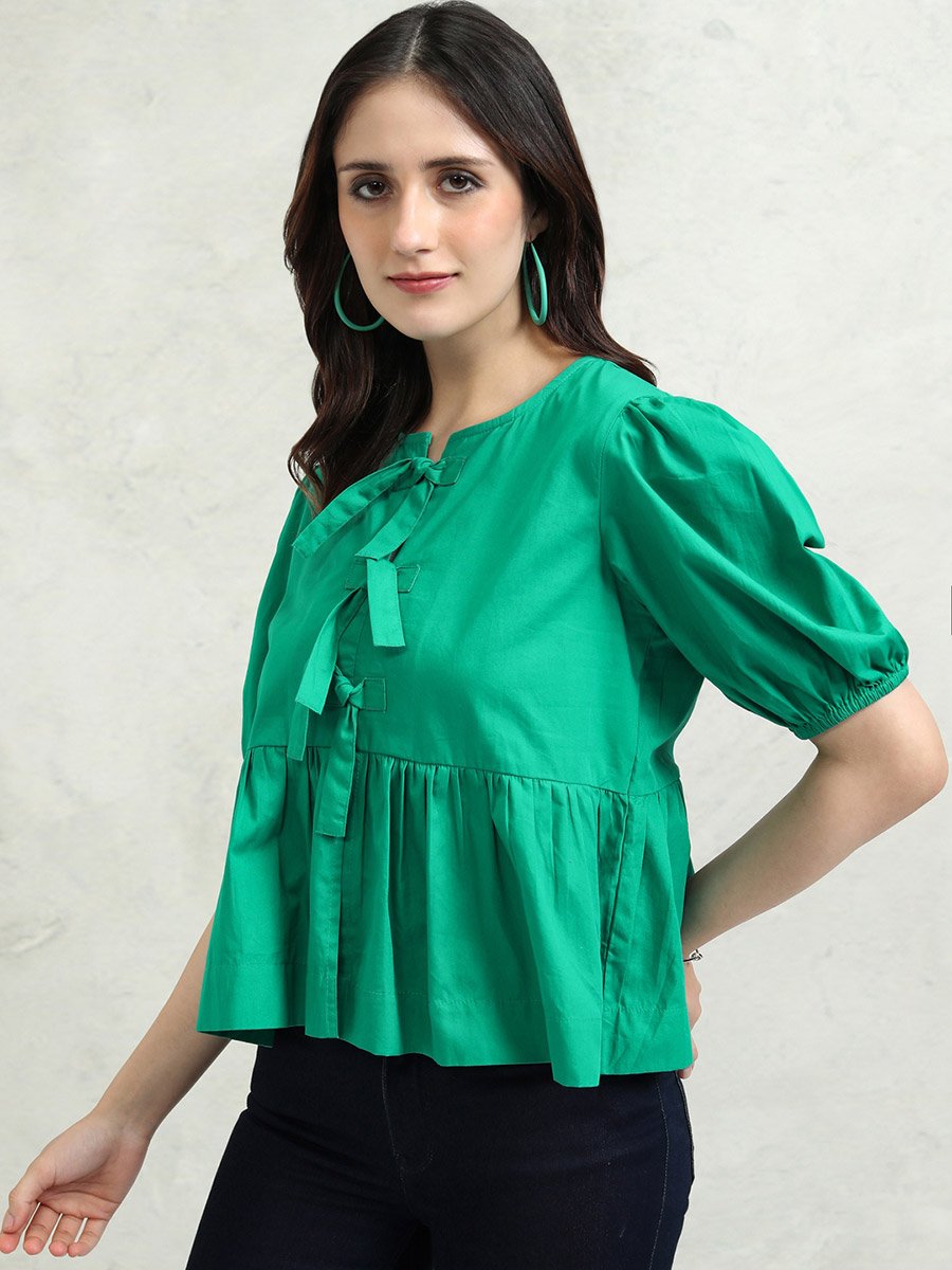 Solid Puff Sleeve Top with Tie-Up Detail
