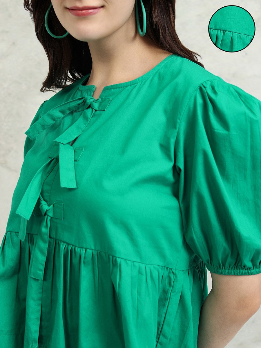Solid Puff Sleeve Top with Tie-Up Detail
