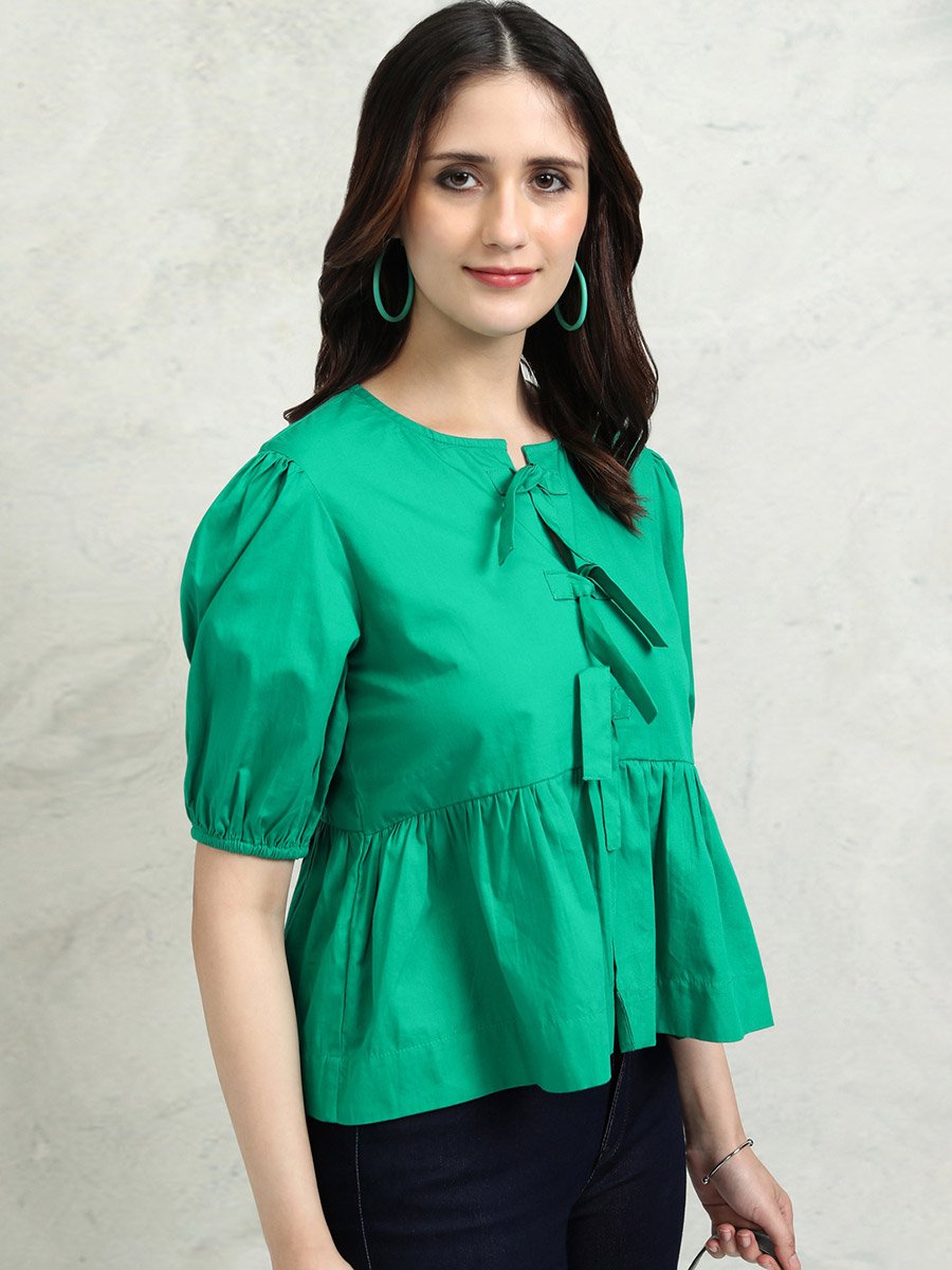 Solid Puff Sleeve Top with Tie-Up Detail