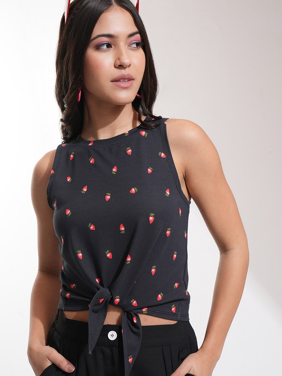 Graphic Print Round Neck Top with Tie-Up Neck