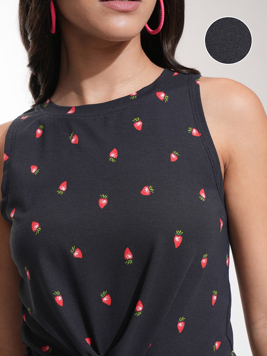 Graphic Print Round Neck Top with Tie-Up Neck