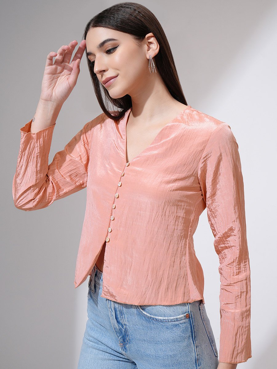 Textured V-Neck Buttoned Top