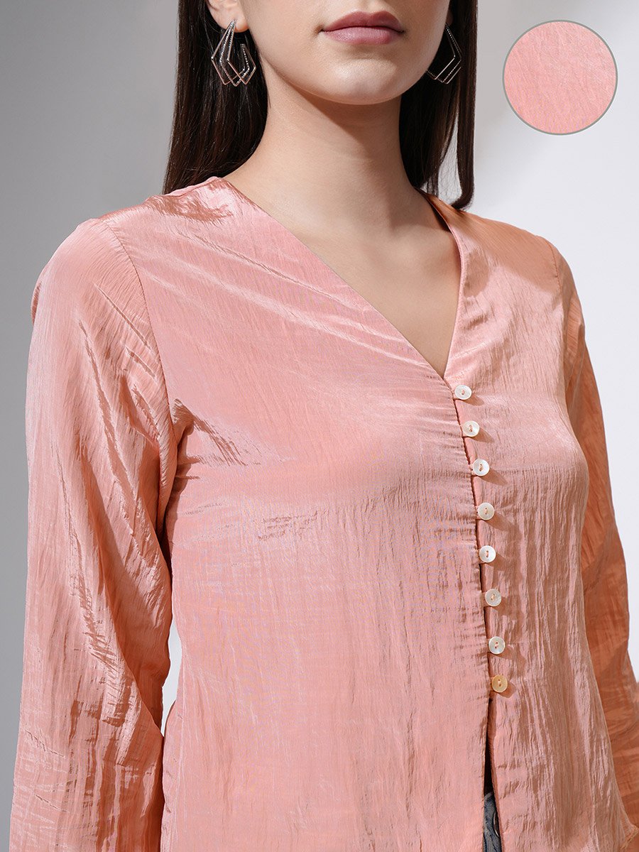 Textured V-Neck Buttoned Top