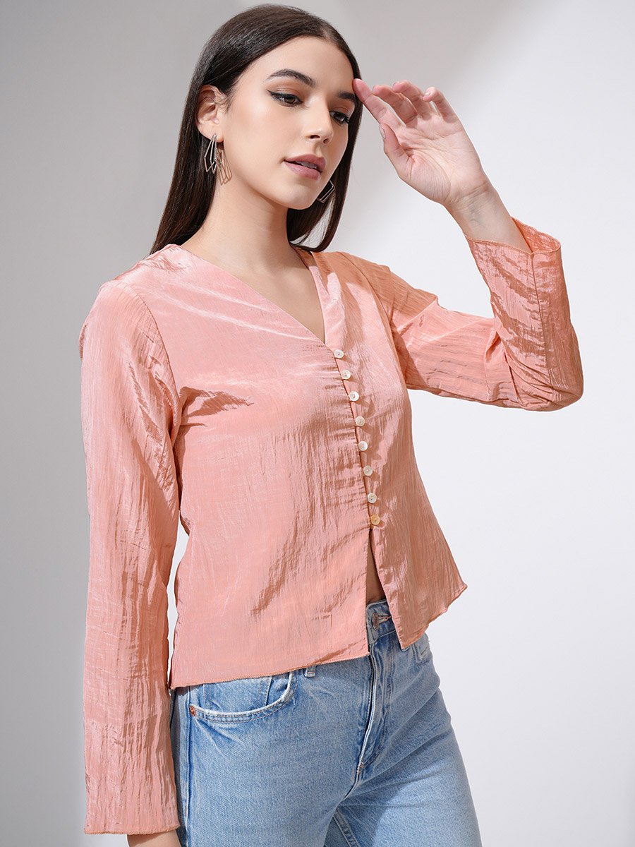 Textured V-Neck Buttoned Top