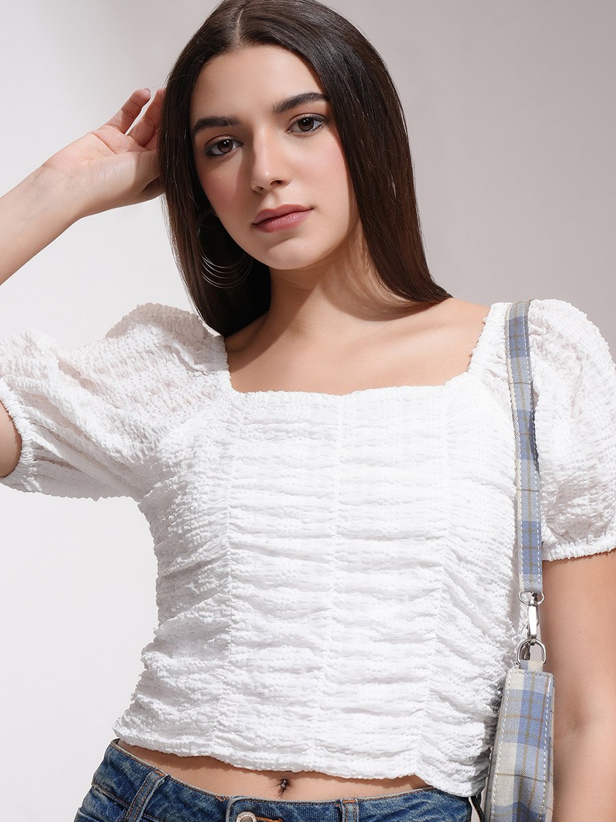 Textured Puff Sleeve Square Neck Crop Top For Women at Saudi | Styli