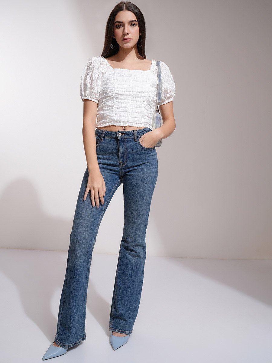 Textured Puff Sleeve Square Neck Crop Top For Women at Saudi | Styli