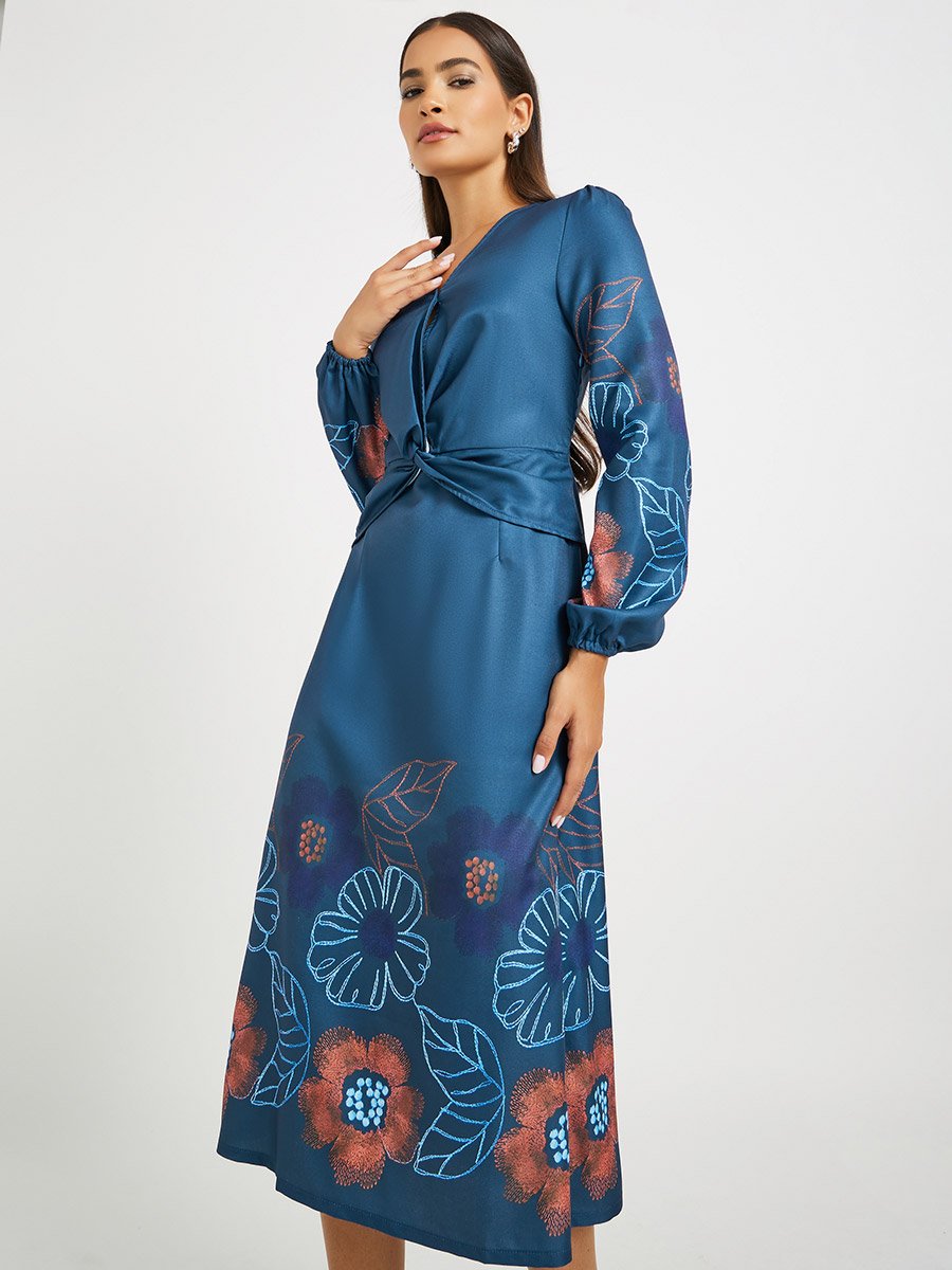 Floral Print Balloon Sleeves A-Line Midi Dress
