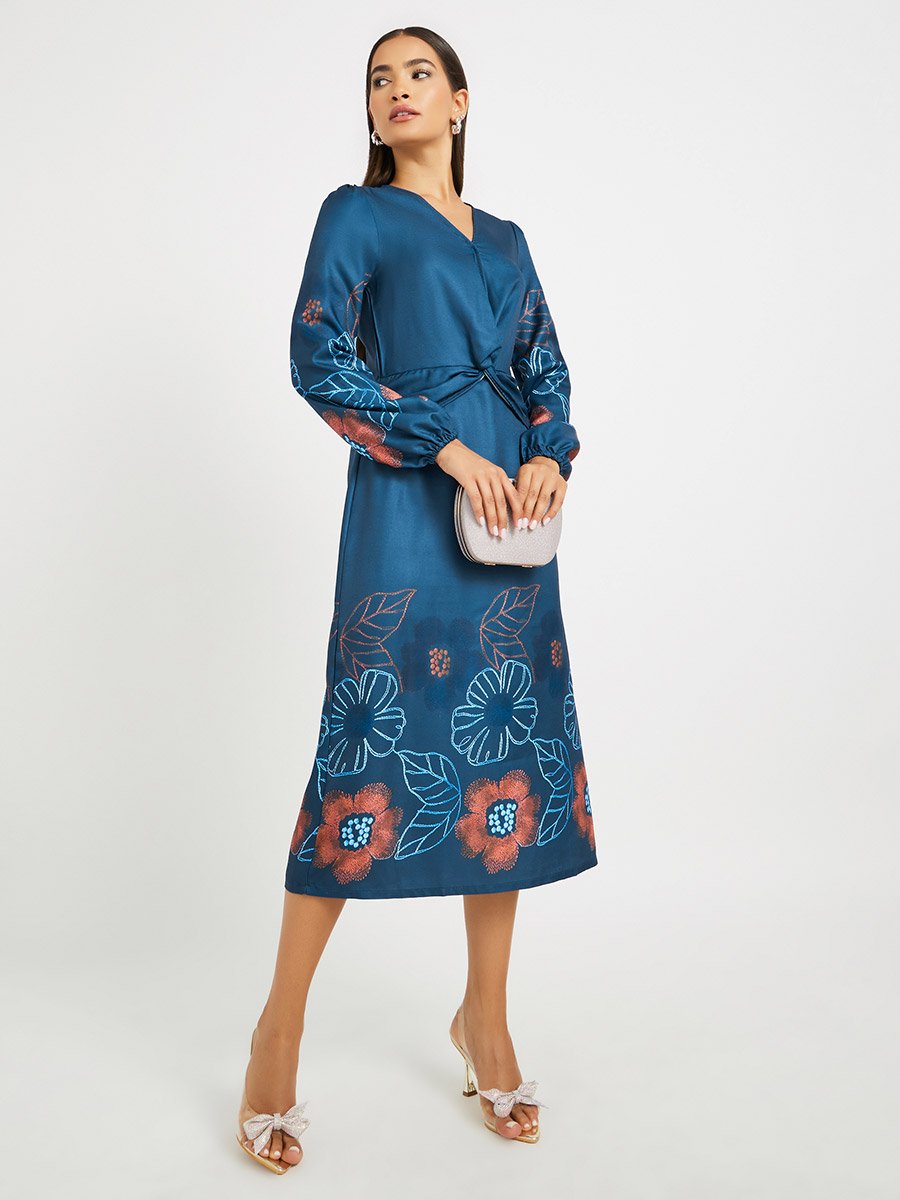 Floral Print Balloon Sleeves A-Line Midi Dress