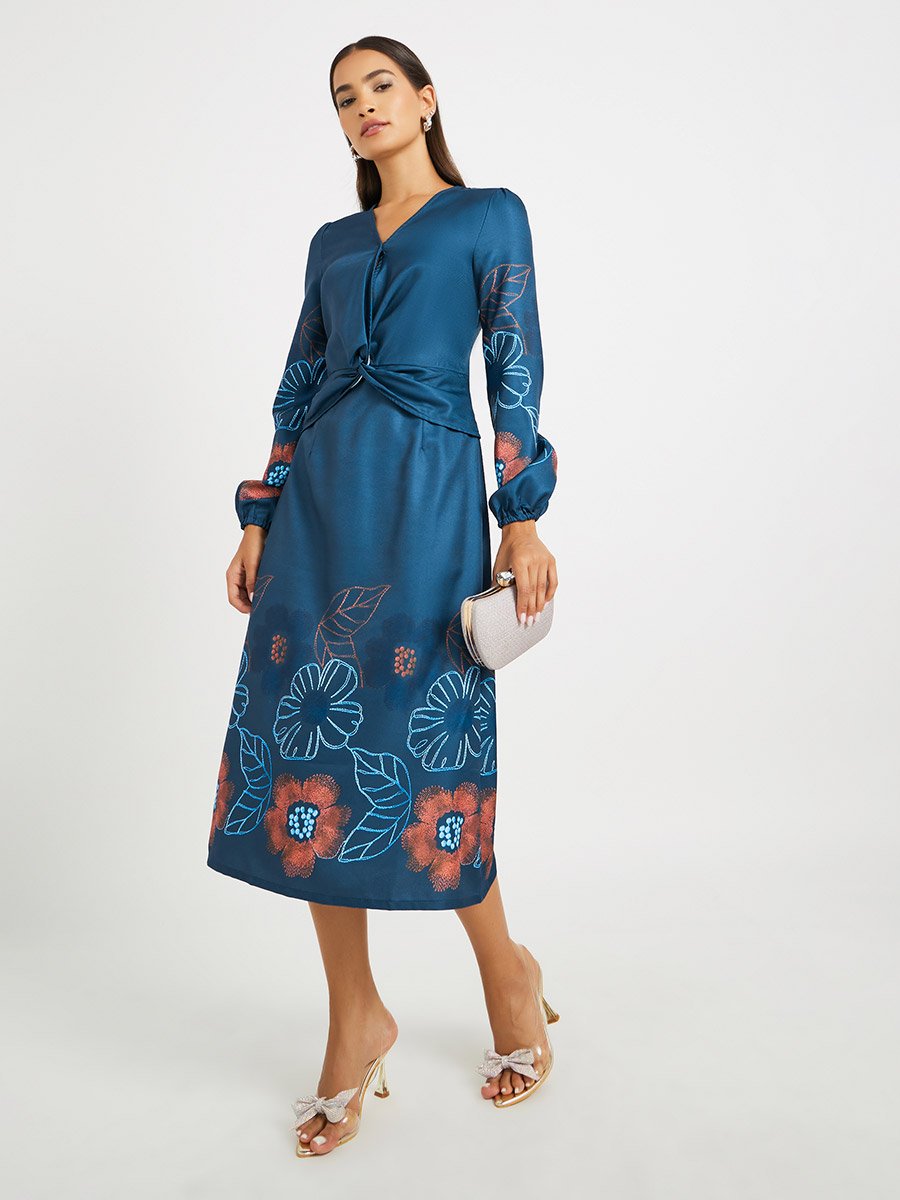 Floral Print Balloon Sleeves A-Line Midi Dress