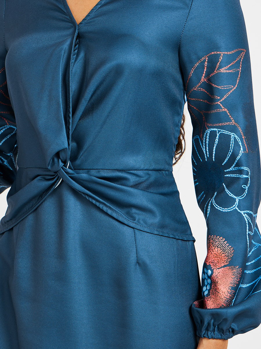 Floral Print Balloon Sleeves A-Line Midi Dress