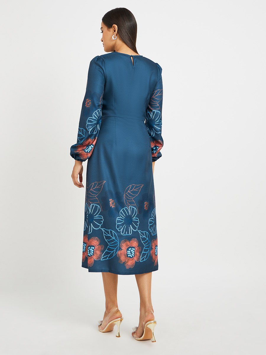 Floral Print Balloon Sleeves A-Line Midi Dress