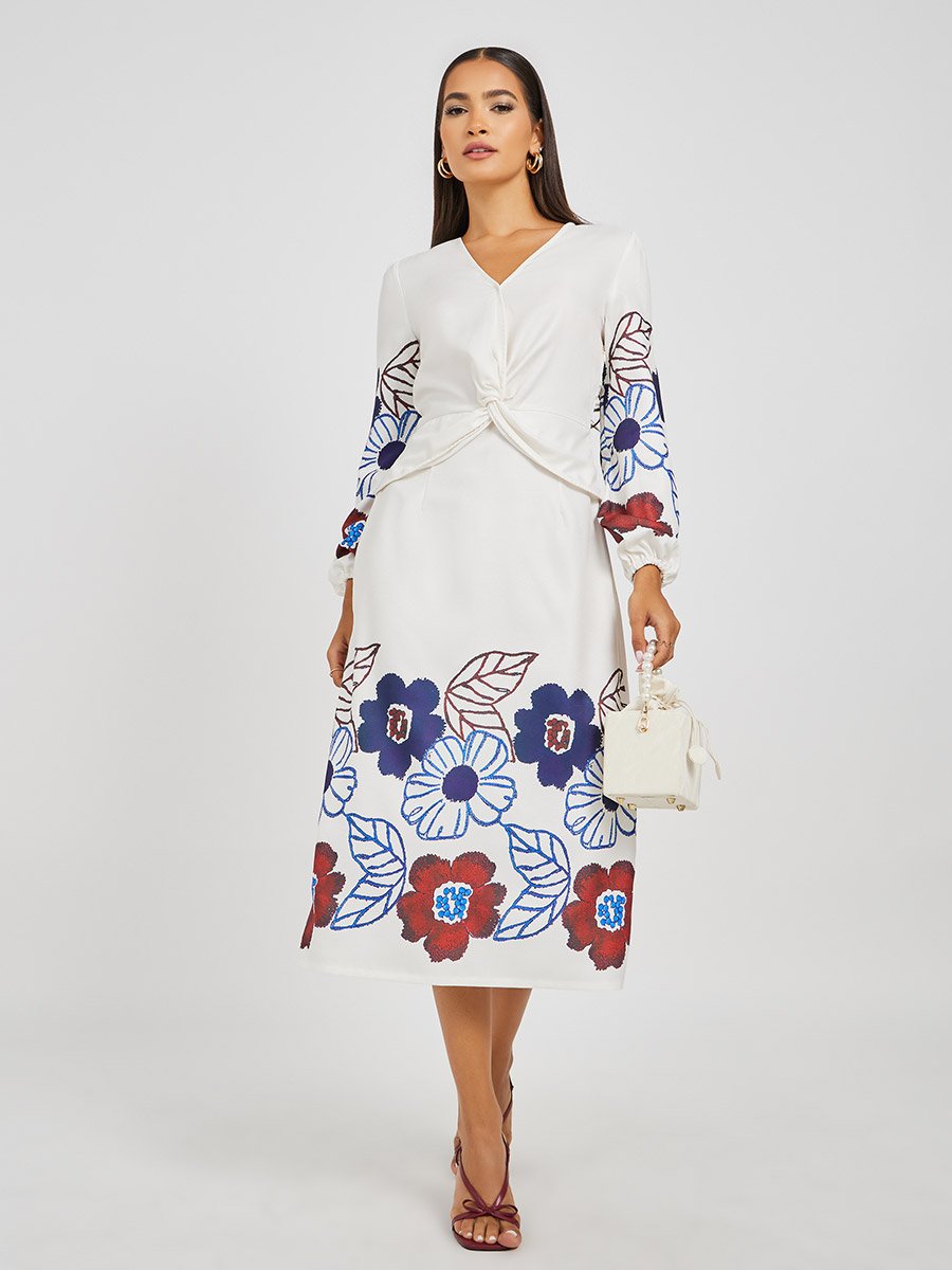 Floral Print Balloon Sleeves A-Line Midi Dress