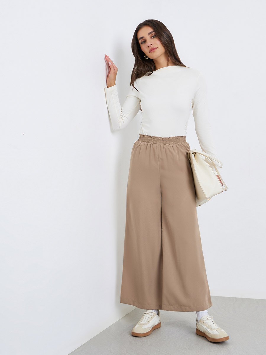 Solid Wide Leg Culottes with Elastic Waist