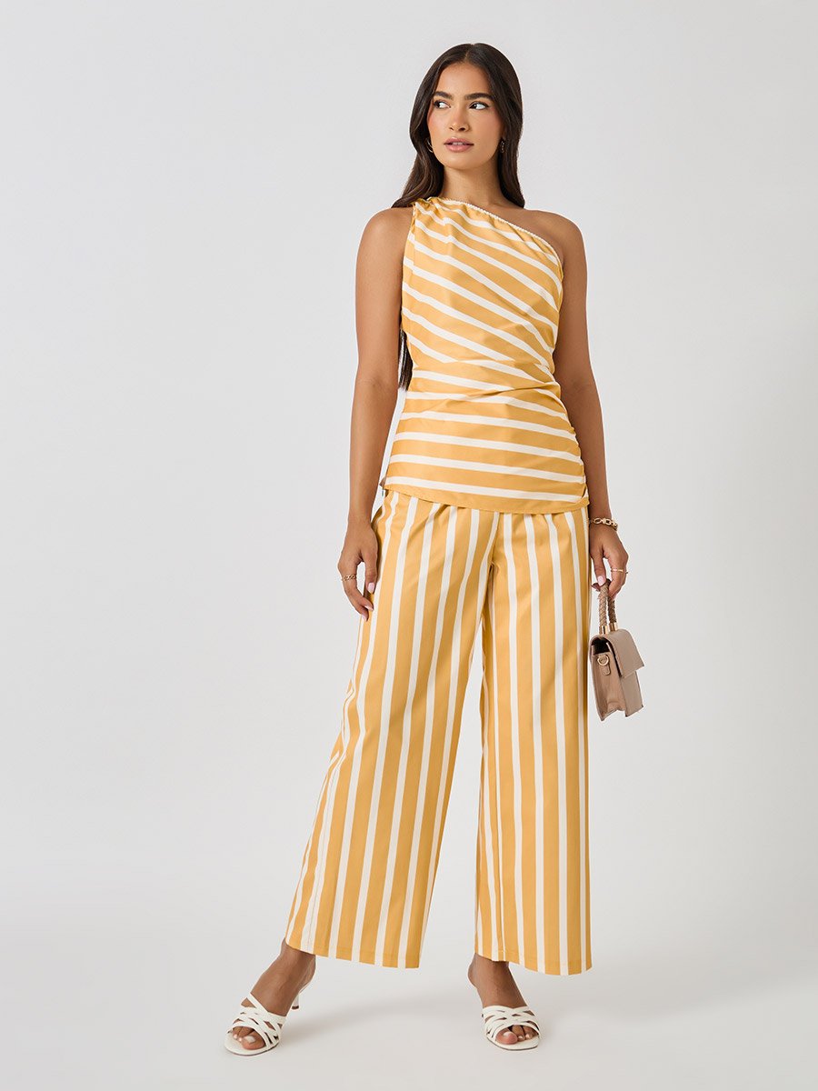 Striped One Shoulder Neck Top and Wide Leg Pants Co-Ords