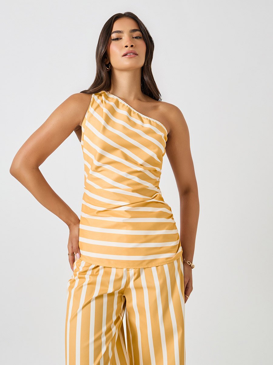 Striped One Shoulder Neck Top and Wide Leg Pants Co-Ords