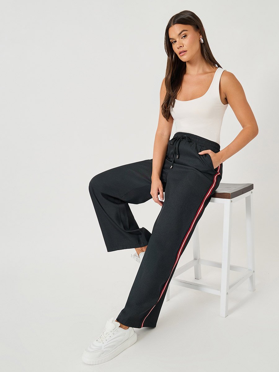 Side Tape Detail Chambray Wide Leg Pants 