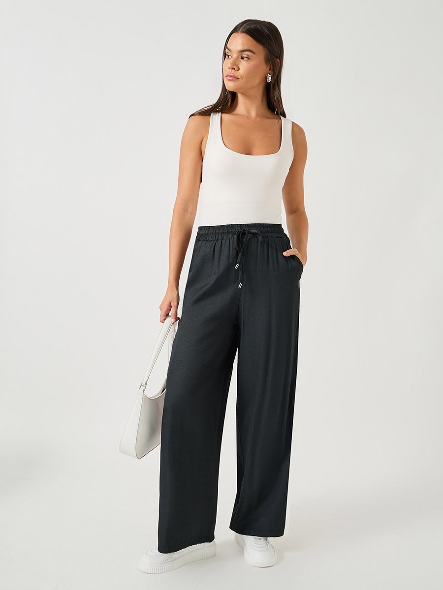 Side Tape Detail Chambray Wide Leg Pants 