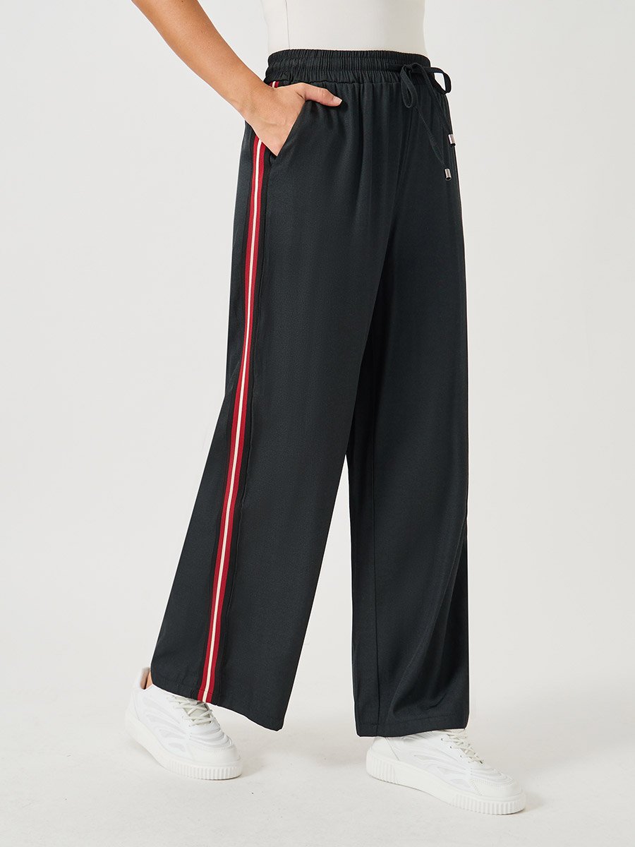 Side Tape Detail Chambray Wide Leg Pants 
