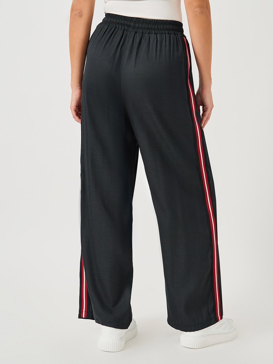 Side Tape Detail Chambray Wide Leg Pants 