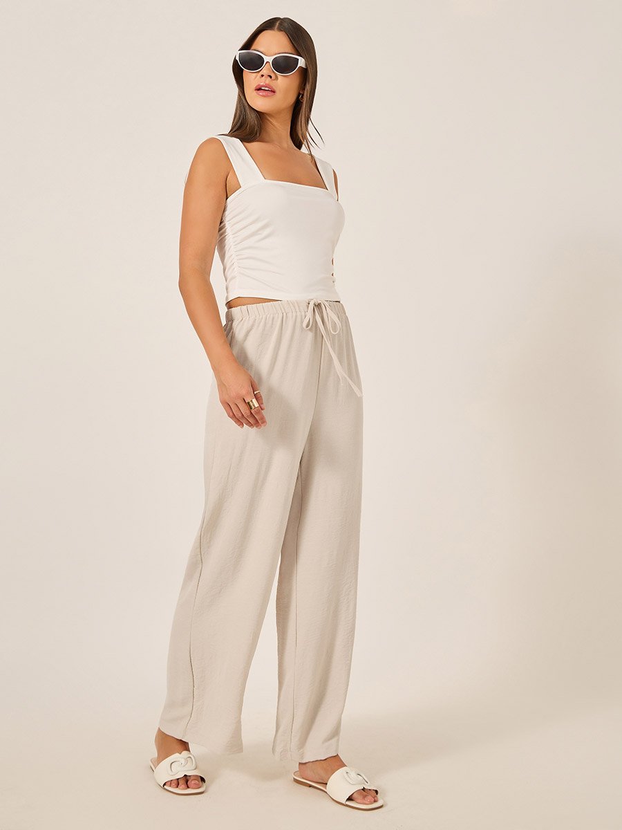 Textured Drawstring Waist Wide Leg Pants
