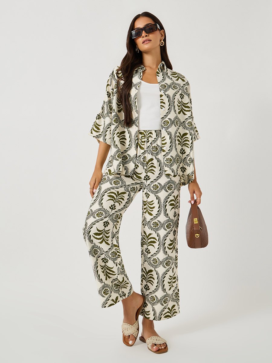 All-Over Print Oversized Shirt and Wide Leg Pants Co-Ords
