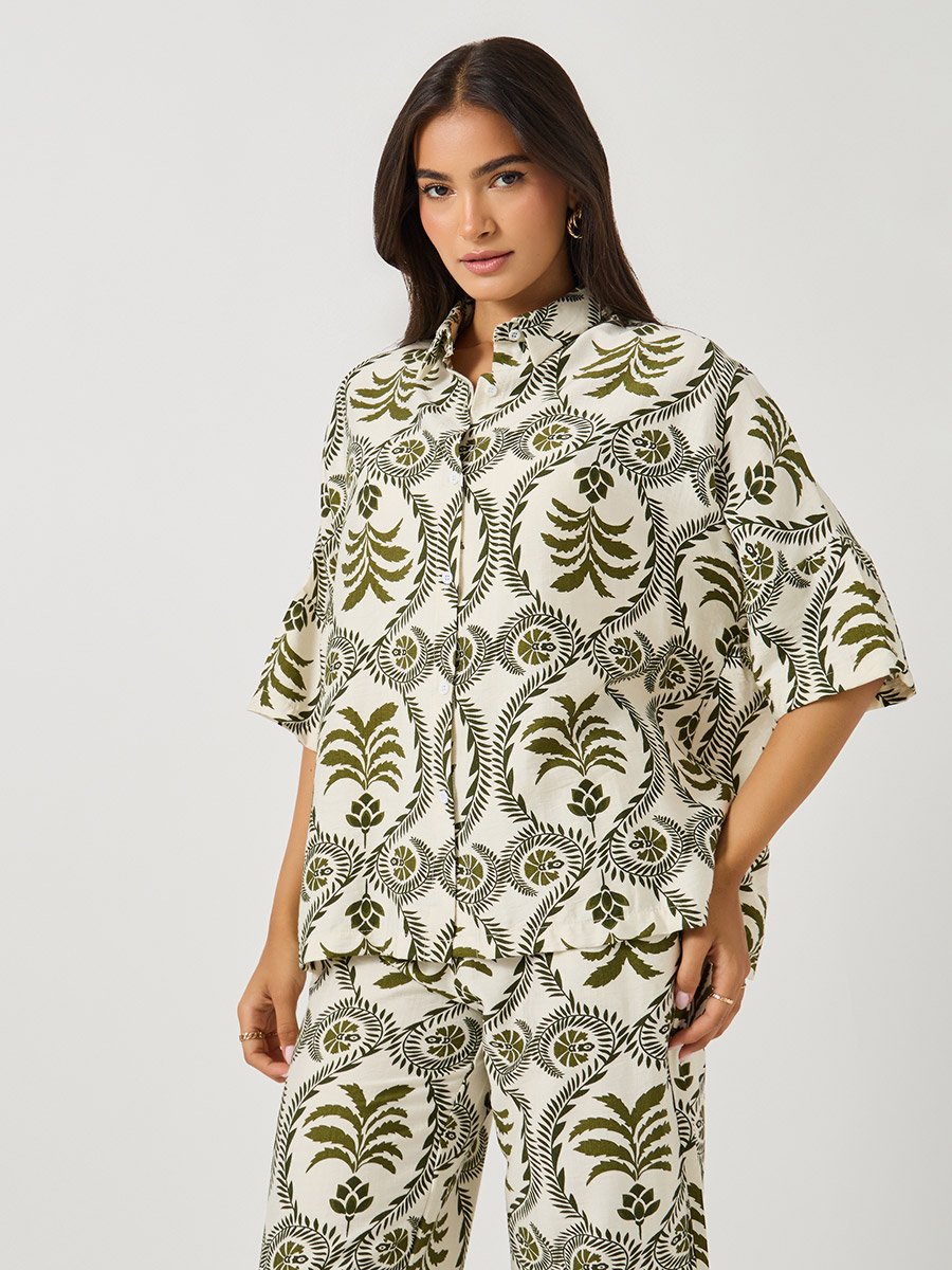 All-Over Print Oversized Shirt and Wide Leg Pants Co-Ords