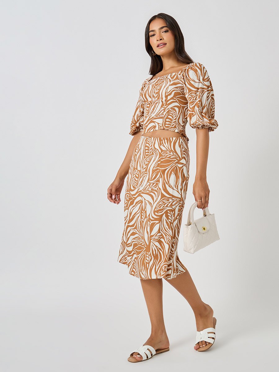 All-Over Print Square Neck Cropped Top and Column Skirt Co-Ords