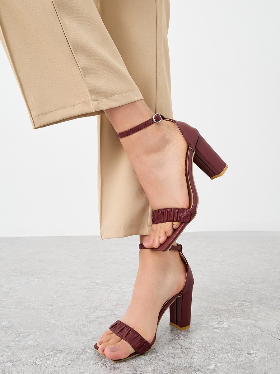Pleated Ankle Strap Block Heel Sandals