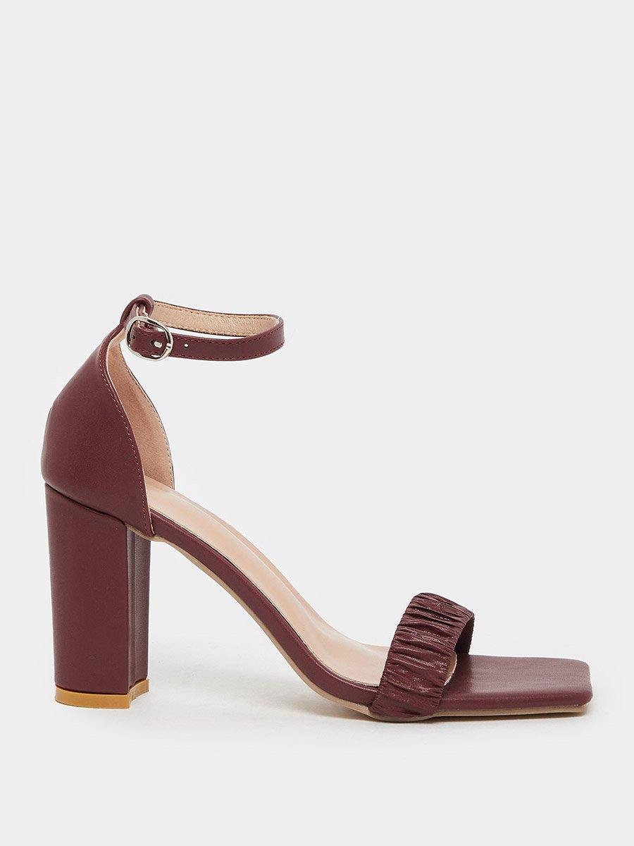 Pleated Ankle Strap Block Heel Sandals