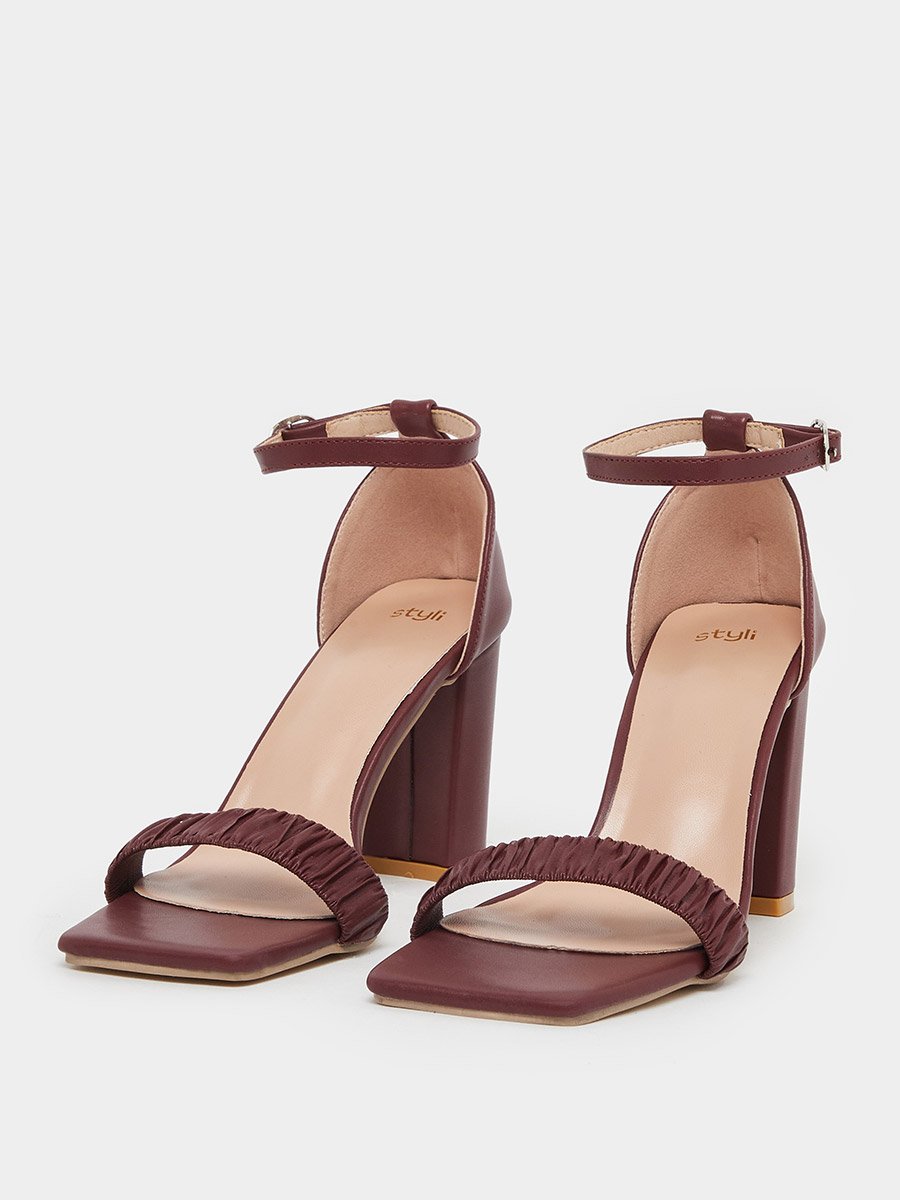 Pleated Ankle Strap Block Heel Sandals