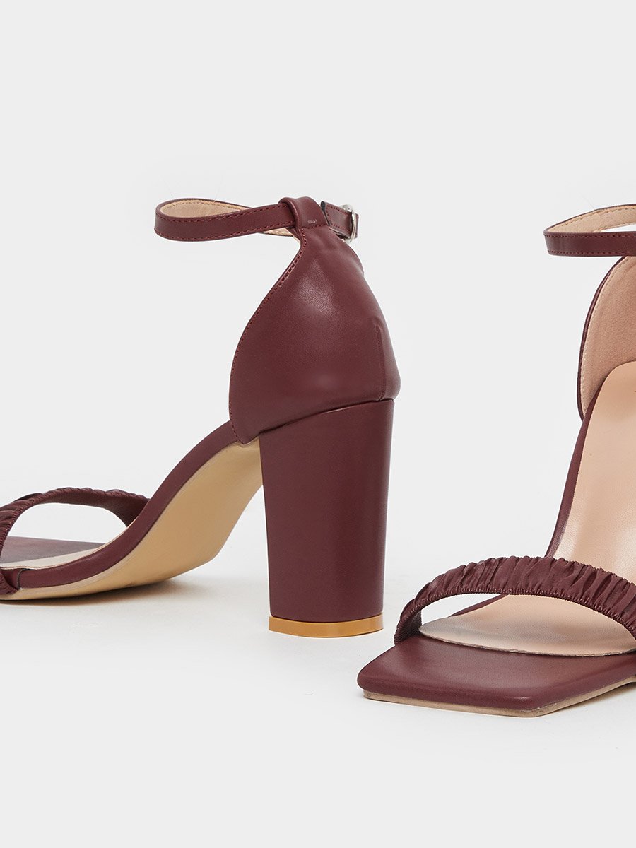 Pleated Ankle Strap Block Heel Sandals