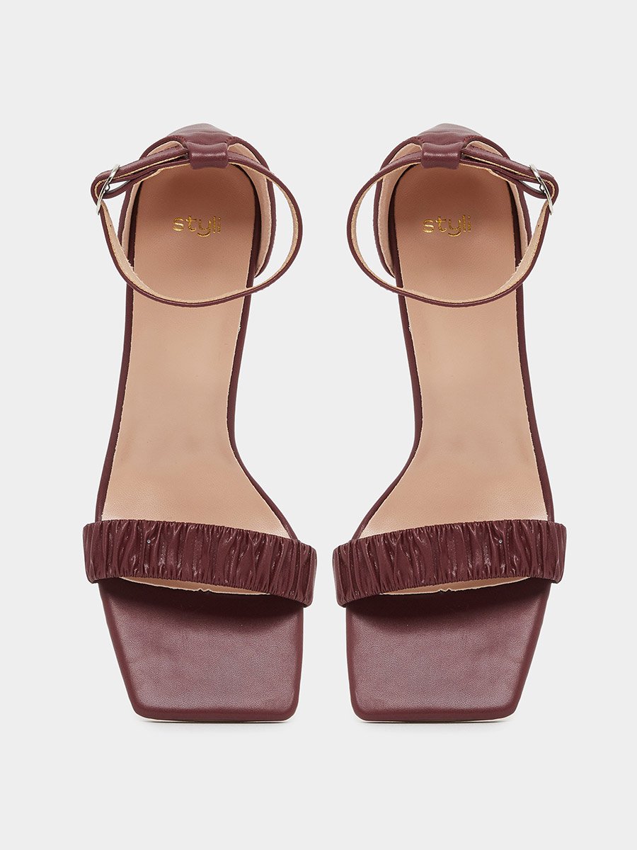 Pleated Ankle Strap Block Heel Sandals