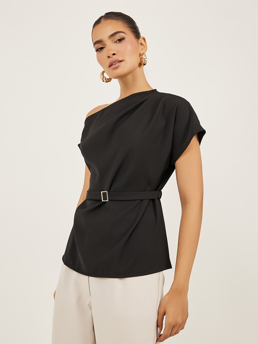 Asymmetric Neck Short Sleeves Belted Top